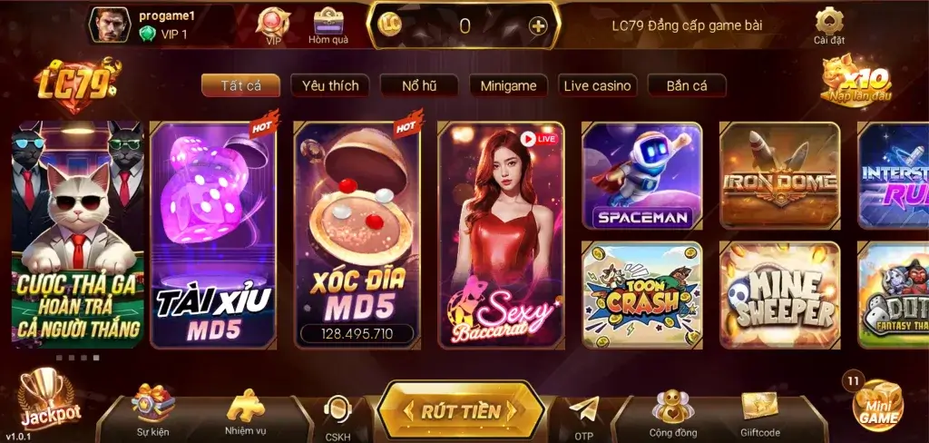 Giao diện sảnh game bài đổi thưởng LC79 hiện đại với nhiều trò chơi hấp dẫn